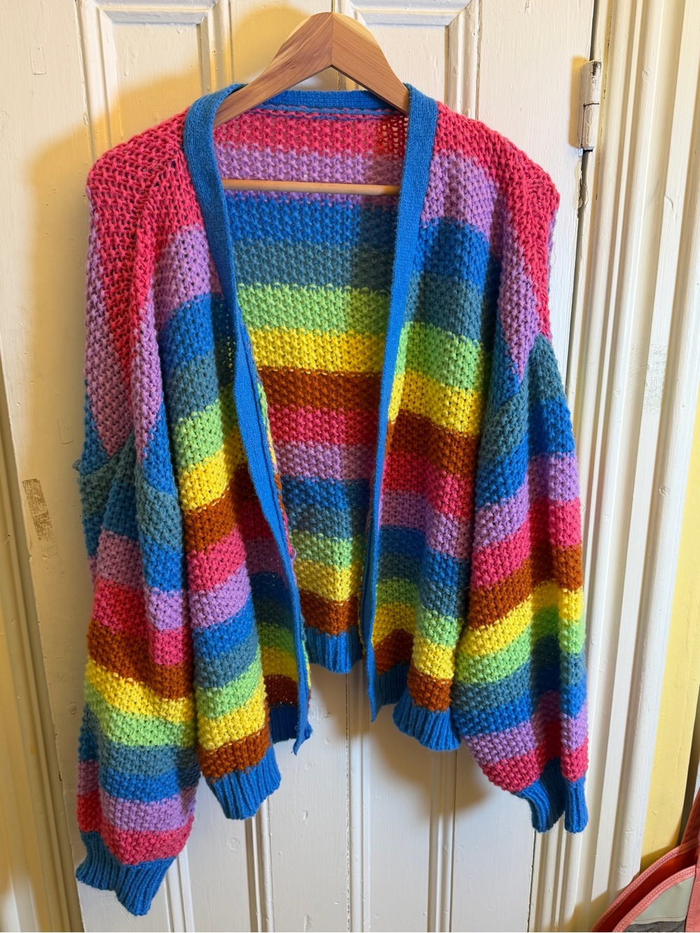 Rainbow Stripe Chunky Knit Cardigan Open Front Oversized Colorful Cozy Sweater